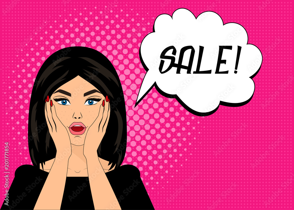 Pop art vector illustration, bright colours, pin up style, surprised woman with speech bubble SALE. Pop art vector illustration, bright colours, pin up style, surprised woman with speech bubble SALE.