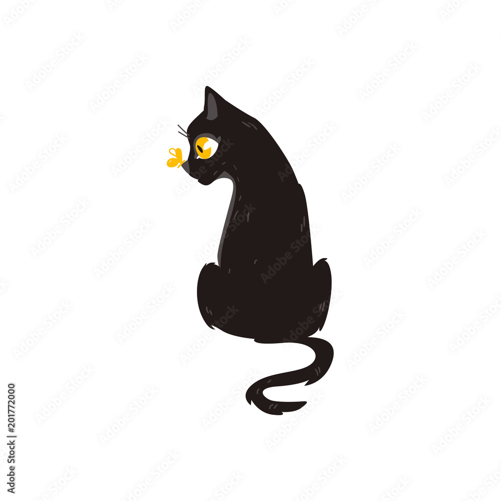 Cartoon cute black cat animal sitting with butterfly at her nose, front  view. Funny hand drawn kitten pet. Domestic adorable feline kitty  character, design element. Vector illustration isolated. Stock Vector |  Adobe