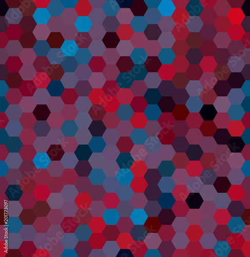 Vector background with red, purple, blue hexagons. Can be used for printing onto fabric and paper or decoration.