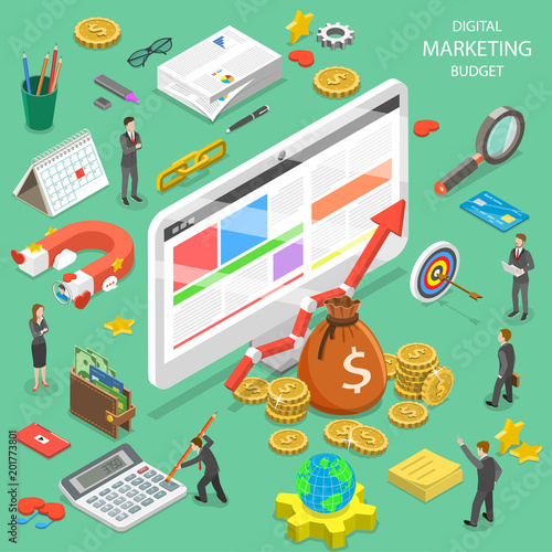 Flat isometric vector concept of digital marketing budget calculation, seo, ppc, roi.