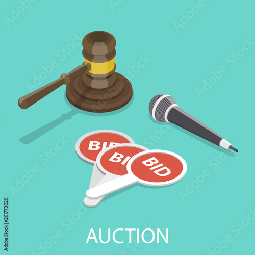 Auction flat isometric vector concept. Hammer, microphone and bidding paddles.