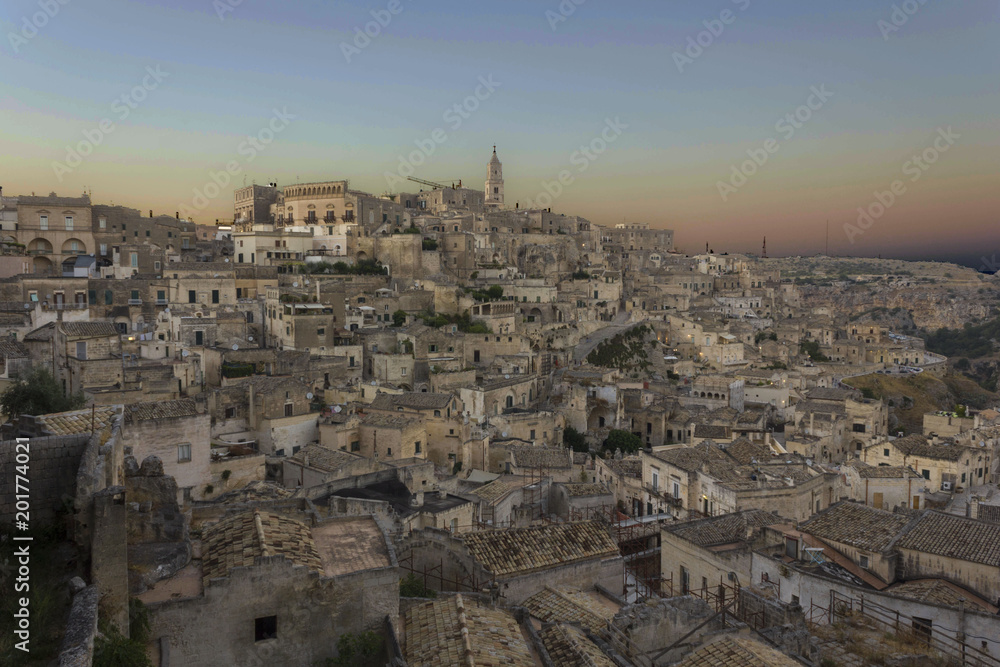 Overview at sunset light of Matera city in Italy, Unesco world heritage site
