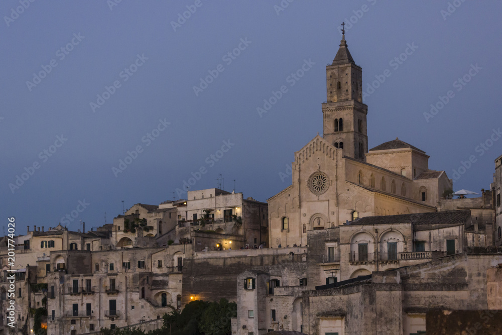 View at twilight of the historic Matera Cathedral