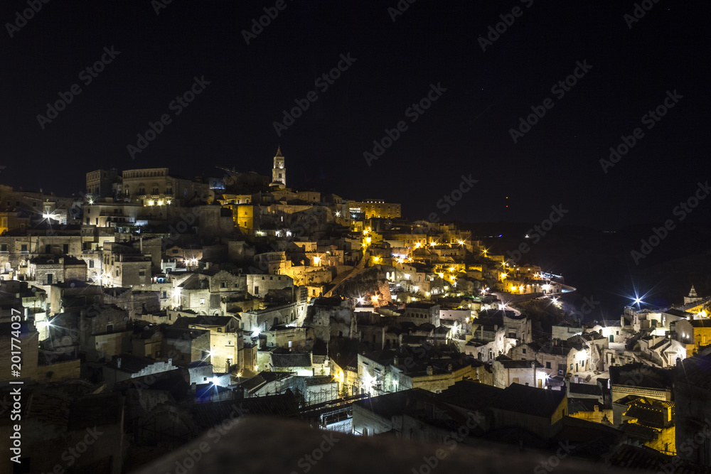 Obraz premium Night view of Matera town, Unesco world heritage site