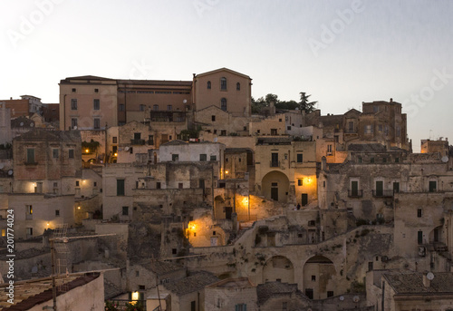 View at sunset of historic buildings in the city center of Matera City, Italy