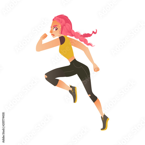 Young sportive pink hair girl in athletic clothing, running looking back. Beautiful female character, redhead woman runaway with afraid face. Isolated vector illustration in cartoon style