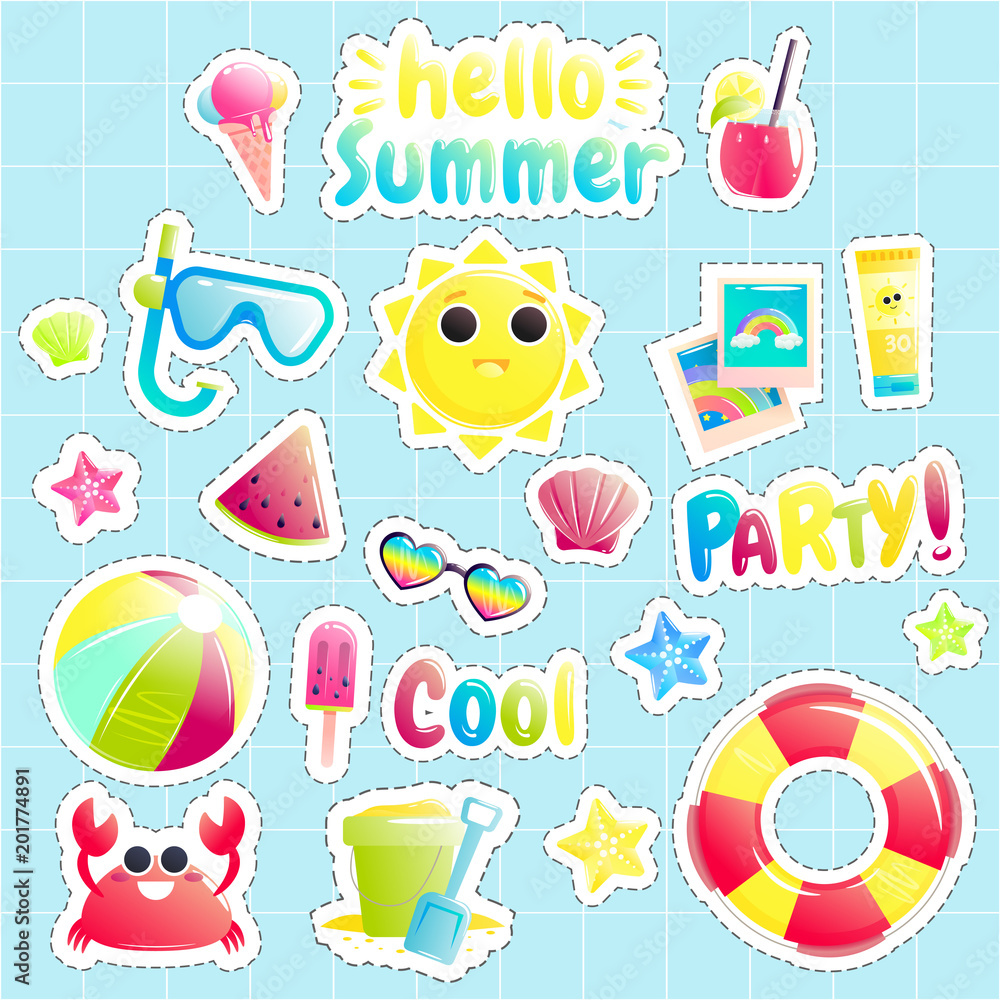 Hello summer. Set of cute offshore objects. Pretty sun and crab and watermelon and beach ball and bucket