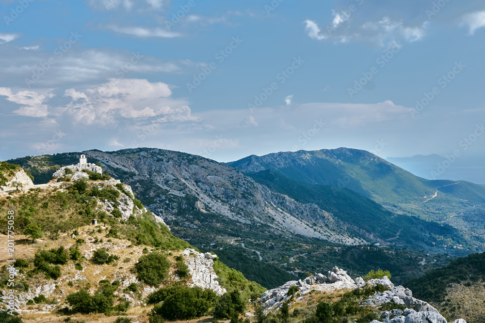 belfry on top of a rock in the mountains on the Greek island of Lefkada.