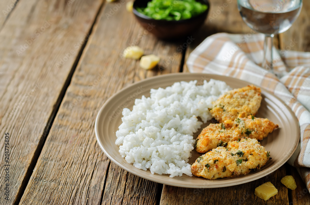 Baked Parmesan Parsley Crusted Chicken with rice