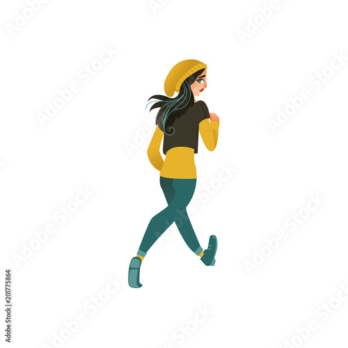 Young sportive girl in athletic clothing, running looking back. Beautiful female character, redhead woman runaway with afraid face back view. Isolated vector illustration in cartoon style
