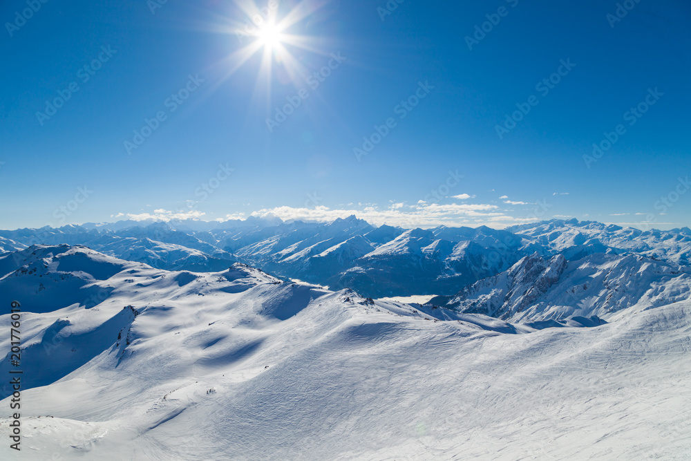View from summit Cime de Caron (3200 m.) in Les Trois Vallees France, the Worlds largest skiing area.