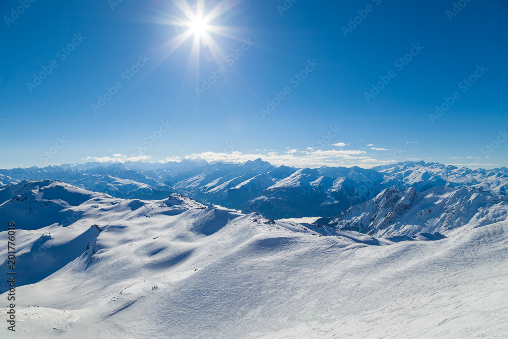 Fototapeta premium View from summit Cime de Caron (3200 m.) in Les Trois Vallees France, the Worlds largest skiing area.