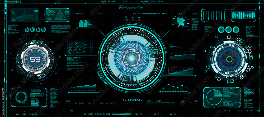 Futuristic concept HUD, GUI style. Screen ( Dashboard, Futuristic Circle, Space Elements, Infographics) Vector Elements Set for HUD Sci Fi Interfaces. Hi tech future design. Sky fi for VR and App. 