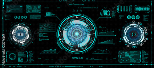 Futuristic concept HUD, GUI style. Screen ( Dashboard, Futuristic Circle, Space Elements, Infographics) Vector Elements Set for HUD Sci Fi Interfaces. Hi tech future design. Sky fi for VR and App. 