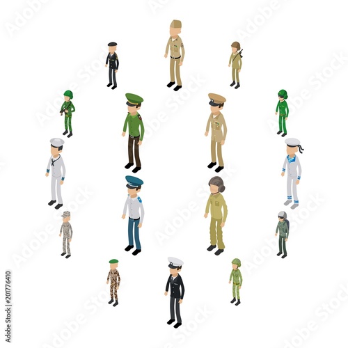 Soldier character icons set. Isometric illustration of 16 soldier character vector icons for web