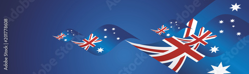 Australia Day waving flags two fold blue landscape background