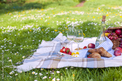 Two glasses and a bottle of wine. Picnic on the green grass in the park. Good weekend. Spring