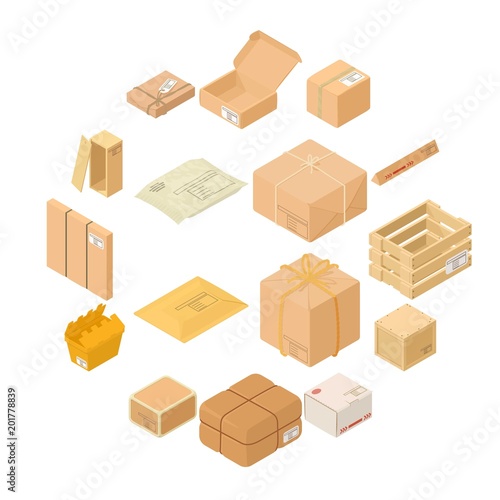 Parcel packaging box icons set. Isometric illustration of 16 parcel packaging box vector icons for web