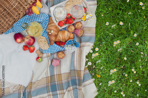 picnic basket and food. Green meadow with flowers. Spring in the Netherlands. Holidays. View from above