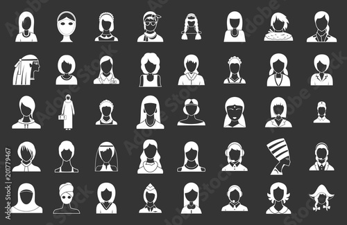 Woman silhouette icon set vector white isolated on grey background 