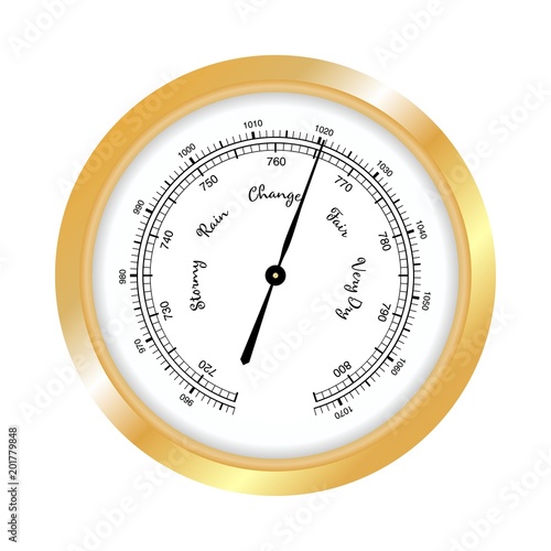 Barometer icon, vector isolated on white background. Rain and stormy, fair and very dry, change. Gold Barometer indicating atmospheric pressure change.