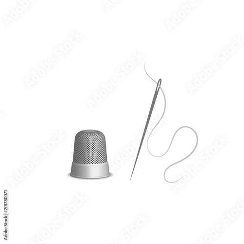 Thimble for sewing and a needle and thread, sketch illustration of accessories for sewing. Flat isolated vector illustration, on a white background.