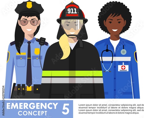 Emergency concept. Detailed illustration of female firefighter, doctor and policeman in flat style on white background. Vector illustration.
