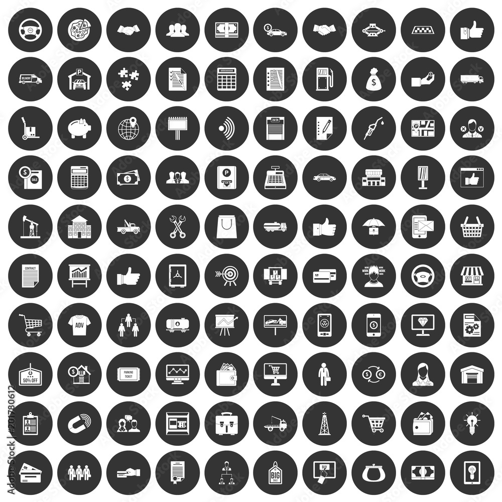 100 business icons set in simple style white on black circle color isolated on white background vector illustration 100 business icons set in simple style white on black circle color isolated on white background vector illustration