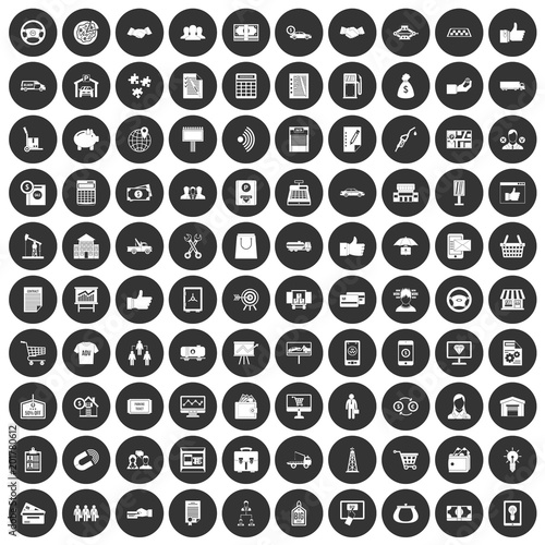 100 business icons set in simple style white on black circle color isolated on white background vector illustration