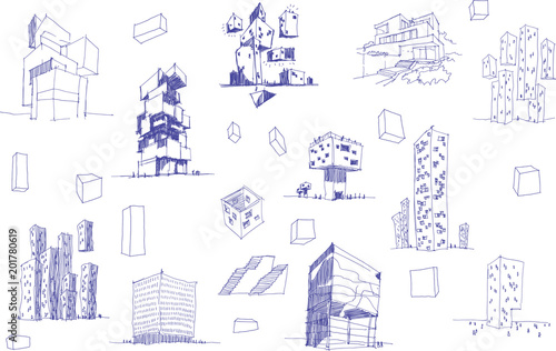 many hand drawn architectectural sketches of a modern abstract architecture nad geometric objects and urban ideas and drafts