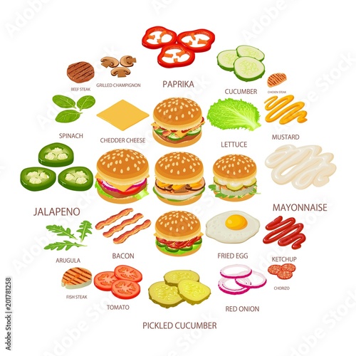 Burger ingredient icons set. Isometric illustration of 25 burger ingredient food vector icons for web