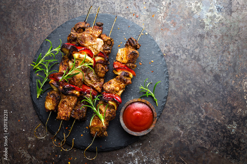 Tableau sur toile Grilled meat skewers, shish kebab with onion and sweet pepper