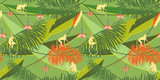 Tropical Pattern. Pattern with tropical plants and animals in cartoon style. Background for textile, manufacturing, book covers, wallpapers, print or gift wrap. Vector illustration.