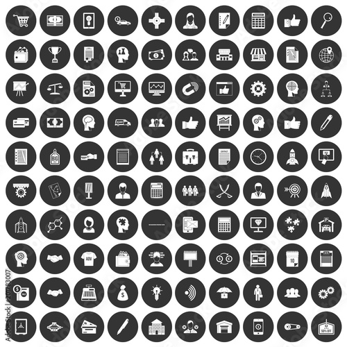 100 business strategy icons set in simple style white on black circle color isolated on white background vector illustration