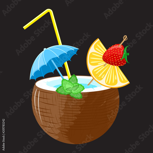 coconut Pina colada cocktail with strawberry and orange canapé decorated with mint leaves, with umbrella and straw on a black background. Vector.