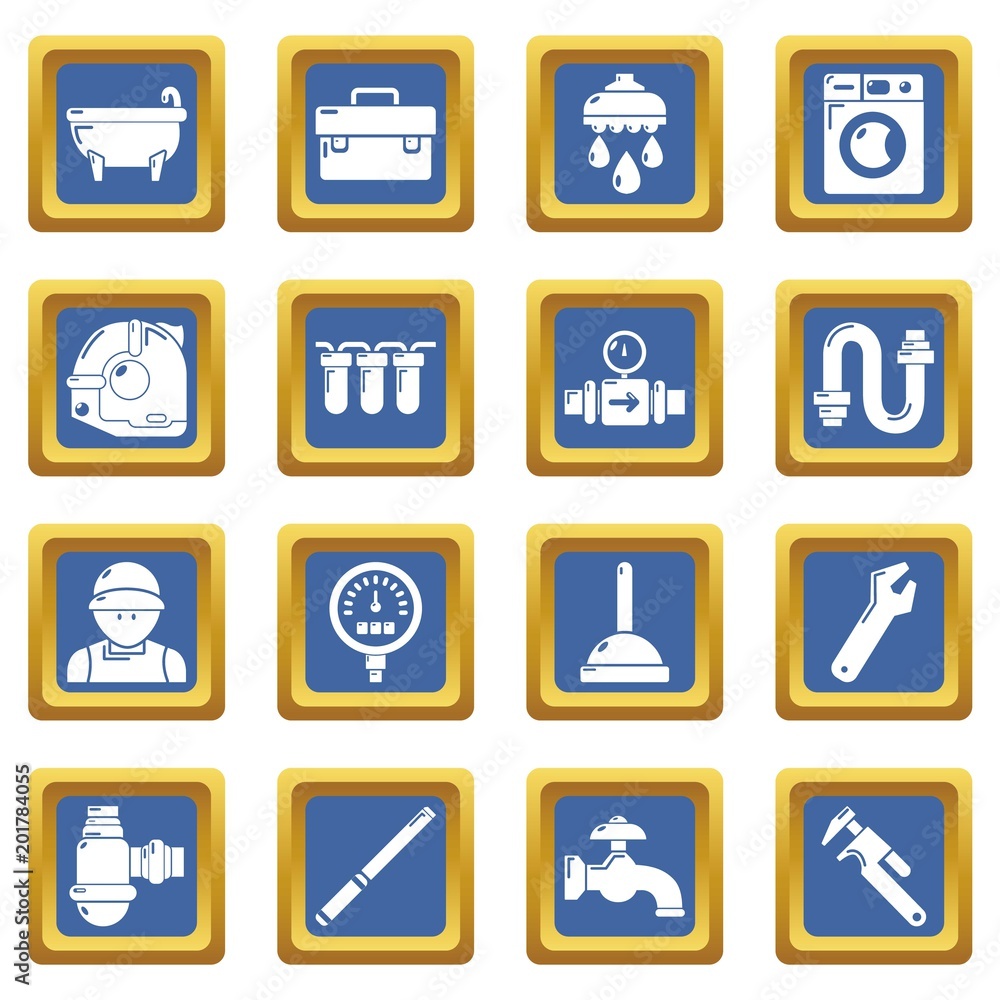 Plumber symbols icons set vector blue square isolated on white background Plumber symbols icons set vector blue square isolated on white background