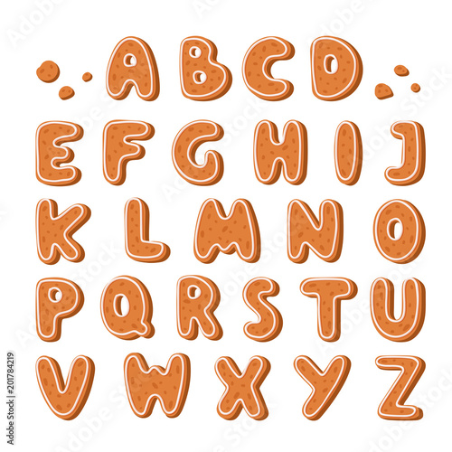 Gingerbread cookies alphabet holidays ginger cookie font text food biscuit xmas letter vector illustration