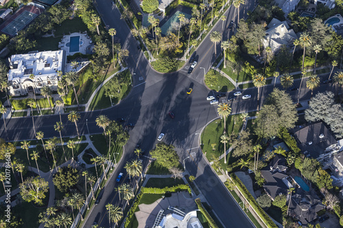 Aerial view of six way intersection at N Beverly Drive and N Canon Drive and Lomitas Ave in Beverly Hills, California.