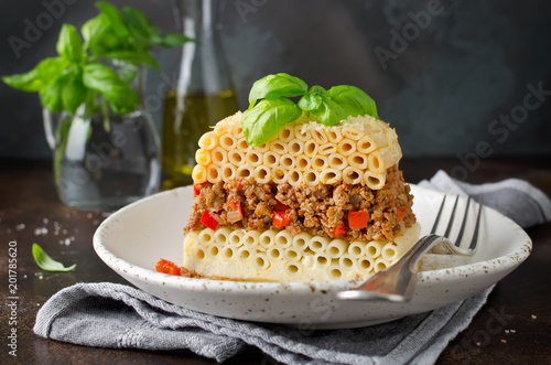 Pastitsio casserole with pasta and minced meat photo