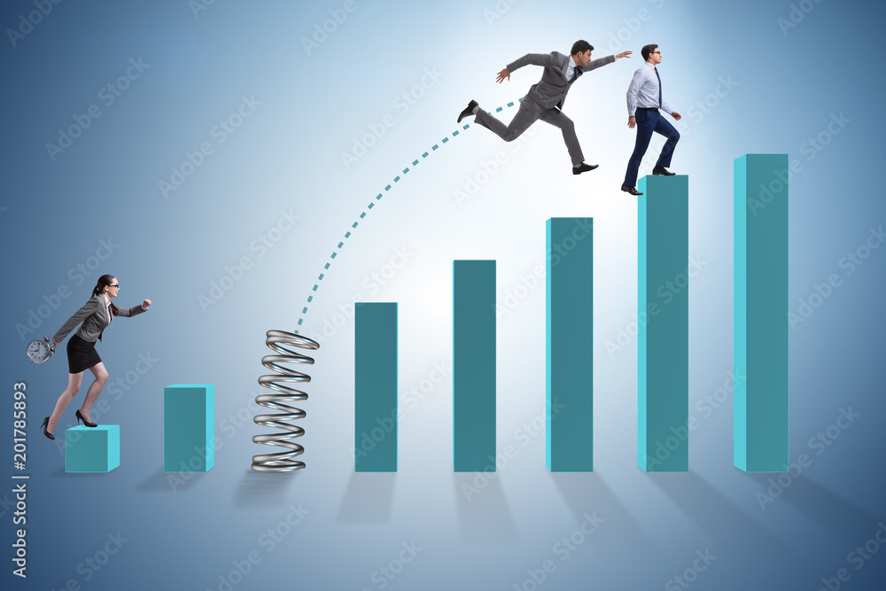 Business people jumping over bar charts Business people jumping over bar charts
