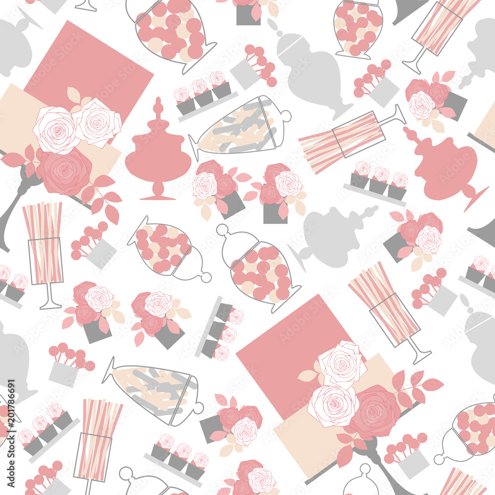 Wedding candy bar with cake and flowers. Dessert table. Vector seamless pattern. Wedding candy bar with cake and flowers. Dessert table. Vector seamless pattern.