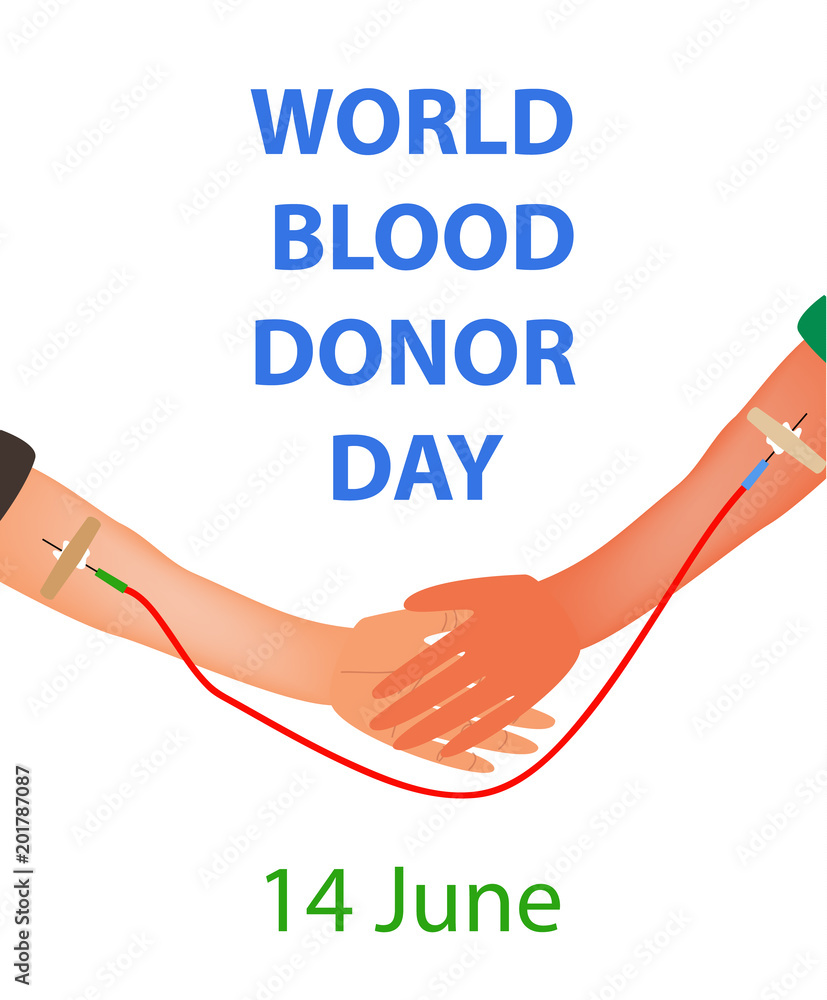 Hand of donor and recipient with a common dropper. World Blood Donor Day. Infographics. Vector illustration on isolated background. Hand of donor and recipient with a common dropper. World Blood Donor Day. Infographics. Vector illustration on isolated background.