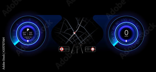 Automotive dashboard of the future. Hybrid car. Diagnostics and elimination of breakdowns. Blue. HUD style. Vector image.