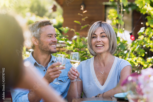 summer. Group of friends gathered around a table in the garden