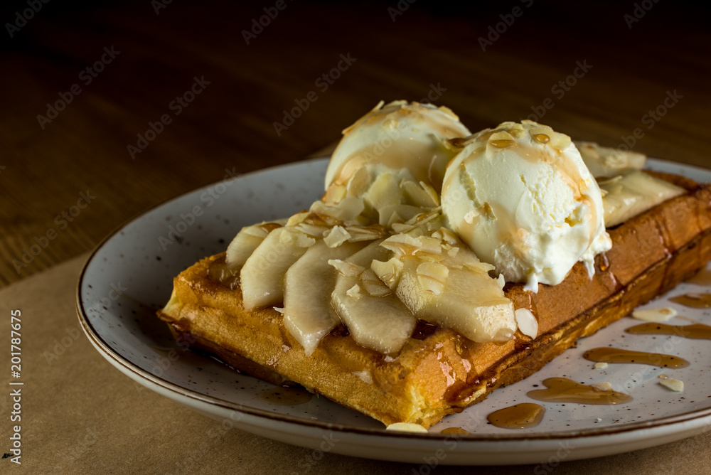 Belgian Waffles Toast With Ice Scream. Tasty, Delicious Food For Eat. With empty space for copy paste Belgian Waffles Toast With Ice Scream. Tasty, Delicious Food For Eat. With empty space for copy paste