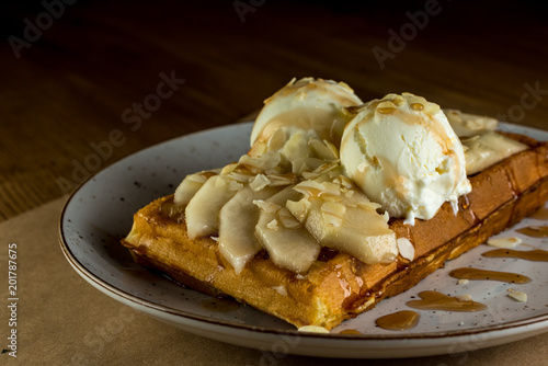 Belgian Waffles Toast With Ice Scream. Tasty, Delicious Food For Eat. With empty space for copy paste photo