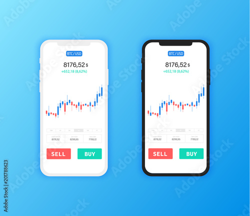 Bitcoin Exchange. Cryptocurrency Technology. Smartphone Clean Mobile UI Design Concept. Trendy Mobile Banking. Financial analytics. Trading Business Application Template. Vector illustration.