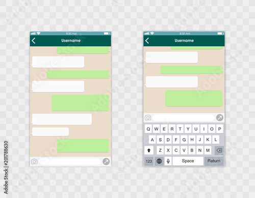 Chat app template whith mobile keyboard. Social network concept. Vector illustration. Message.