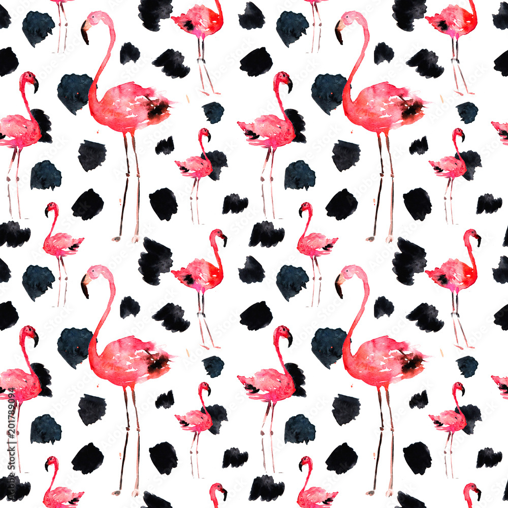 Watercolor Seamless Pattern With Flamingo and Dots. Exotic Summer Beach Motif. Swimwear Design, Wrapping, Background, Wallpaper, Fabric. Hawaiian Print. Jungle Birds Repeated Ornament. Africa. Watercolor Seamless Pattern With Flamingo and Dots. Exotic Summer Beach Motif. Swimwear Design, Wrapping, Background, Wallpaper, Fabric. Hawaiian Print. Jungle Birds Repeated Ornament. Africa.