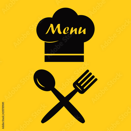 Menu icon. Chef hat and spoon, fork. Black silhouette on yellow background. Vector illustration